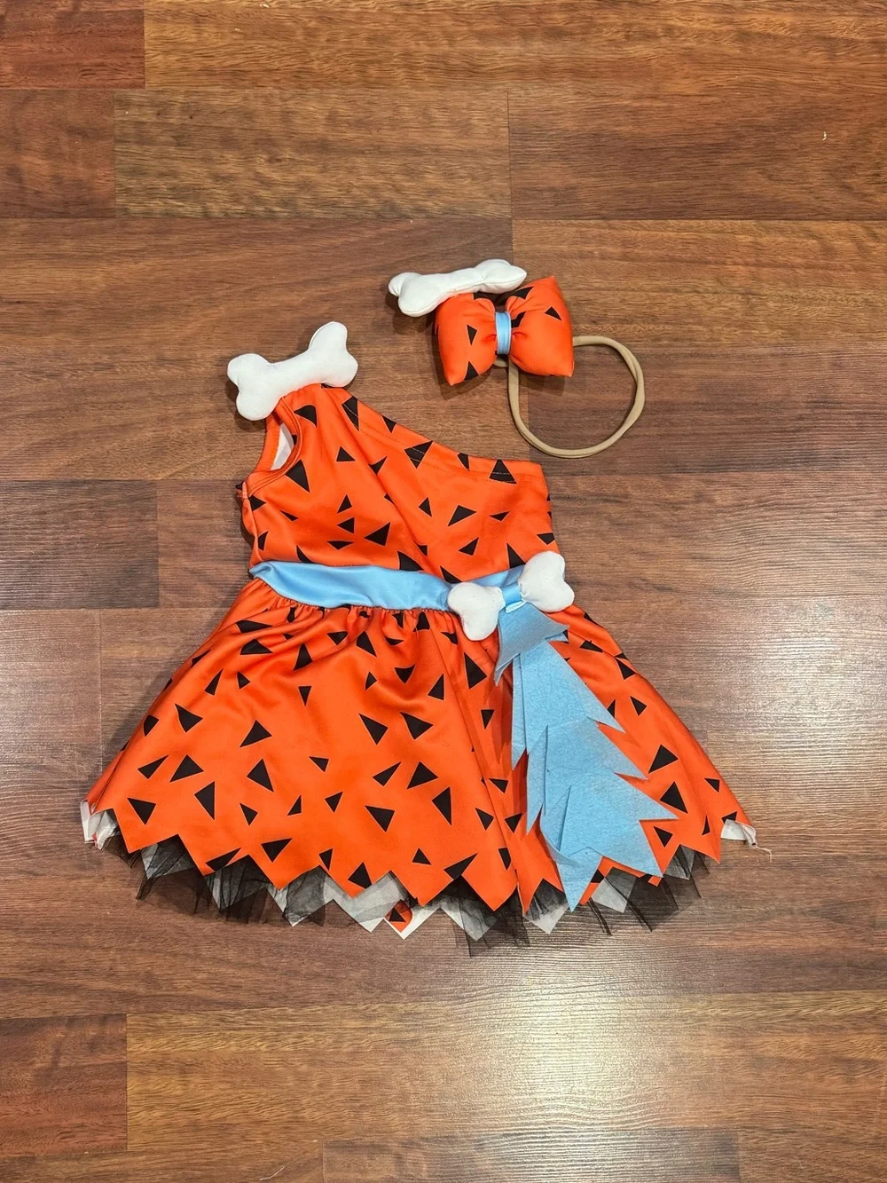 Halloween Costume - Orange Pebbles Flintstone Inspired Dress with Blue Sash